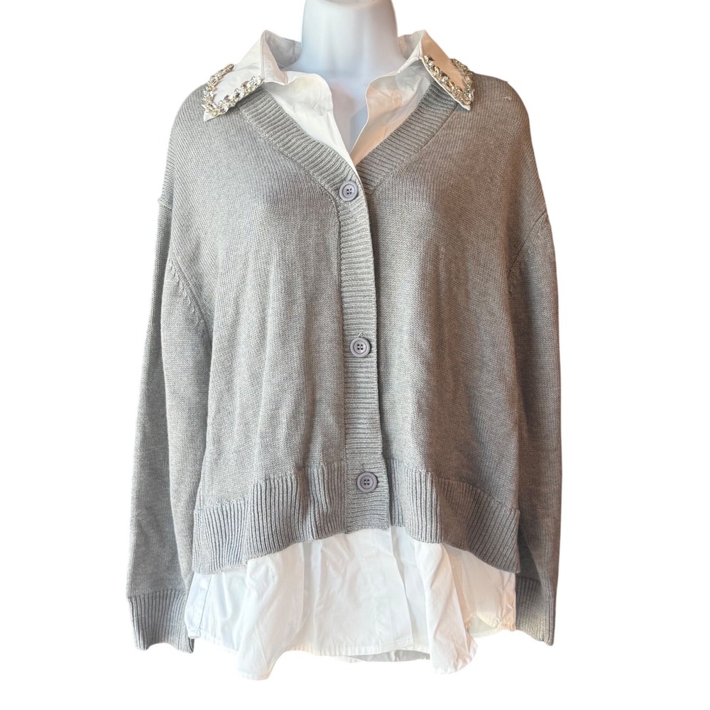 JS71 Brooks Cardigan Sweater Embellished Collar‎ Layered Look S/M New With Tag